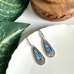 Blue Stone Etched Leaf Botanical Silver Dangle Earrings Boho Hippie Jewelry NEW